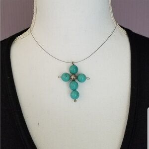 Genuine Turquoise Howlite Gemstone Cross Necklace Choker - Handmade NEW